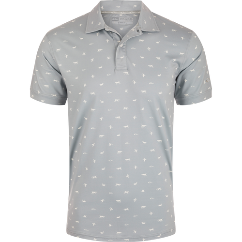 Performance Print Polo Shirt featuring white bird patterns, a three-button placket with faux mother of pearl buttons, self-fabric collar, open cuffs, and split tail hem.