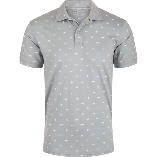 Performance Print Polo Shirt featuring white bird patterns, a three-button placket with faux mother of pearl buttons, self-fabric collar, open cuffs, and split tail hem.