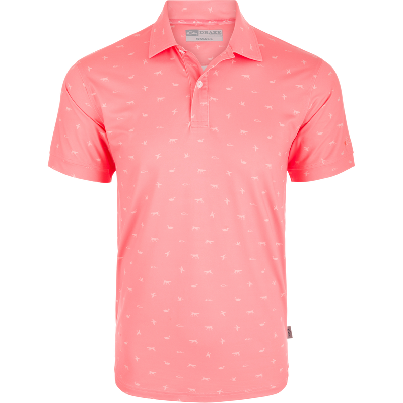 Performance Print Polo Shirt featuring white bird and dog motifs, three-button placket, self-fabric collar, open sleeve cuffs, and split tail hem.