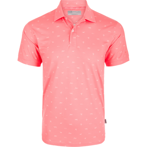 Performance Print Polo Shirt featuring white bird and dog motifs, three-button placket, self-fabric collar, open sleeve cuffs, and split tail hem.