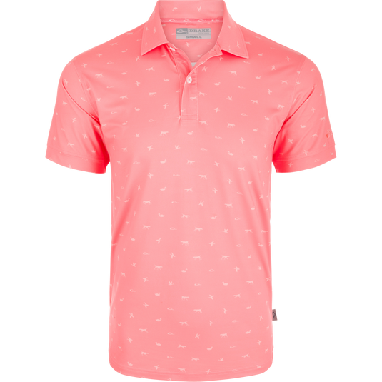 Performance Print Polo Shirt featuring white bird and dog motifs, three-button placket, self-fabric collar, open sleeve cuffs, and split tail hem.