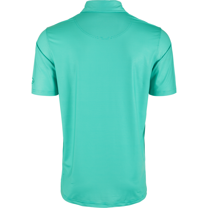 Performance Chalk Striped Polo Shirt featuring a classic silhouette, three-button placket, self-fabric collar, open sleeves, and split hem, ideal for versatile comfort and style.