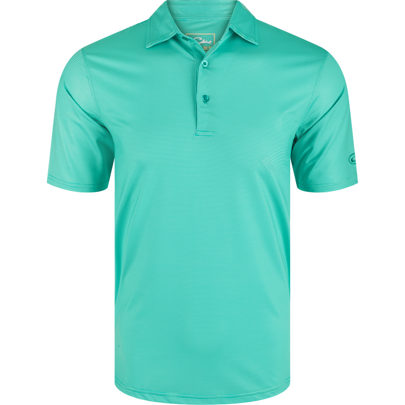 Performance Chalk Striped Polo Shirt with three-button placket, self-fabric collar, open sleeves, and split hem, showcasing its classic and versatile design.