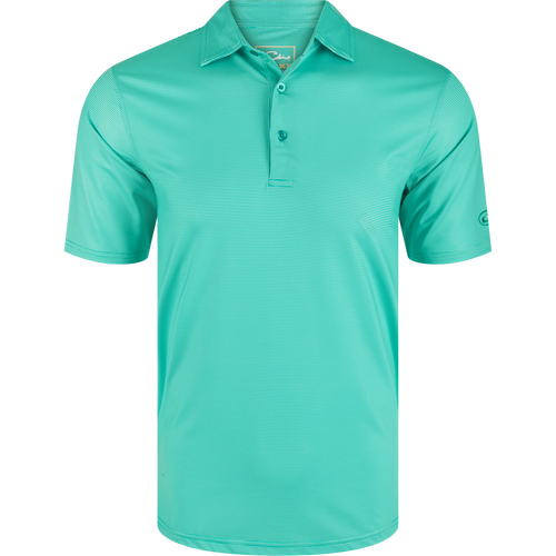 Performance Chalk Striped Polo Shirt with three-button placket, self-fabric collar, open sleeves, and split hem, showcasing its classic and versatile design.