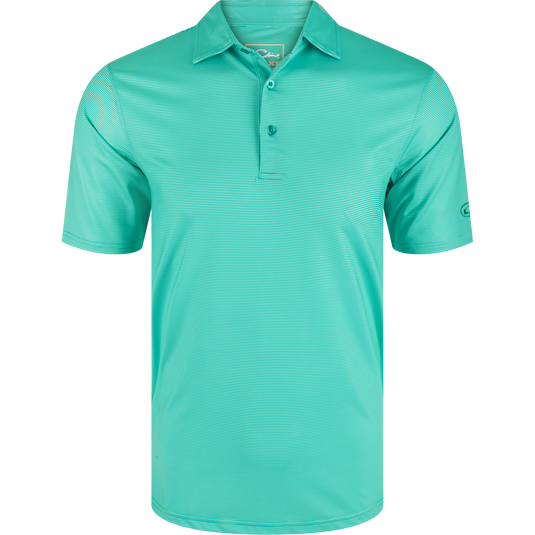 Performance Chalk Striped Polo Shirt with three-button placket, self-fabric collar, open sleeves, and split hem, showcasing its classic and versatile design.