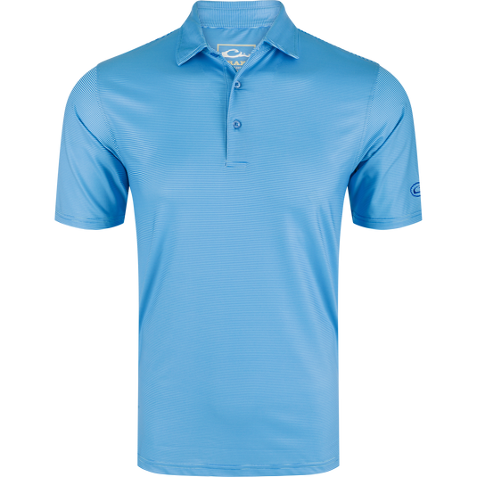 Performance Chalk Striped Polo Shirt featuring a three-button placket, self-fabric collar, open sleeves, and split tail hem for versatile use in casual or active settings.