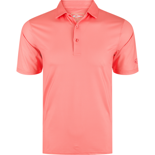 Close-up of the Performance Chalk Striped Polo Shirt featuring a three-button placket, self-fabric collar, and open sleeve cuffs, emphasizing its classic and functional design.