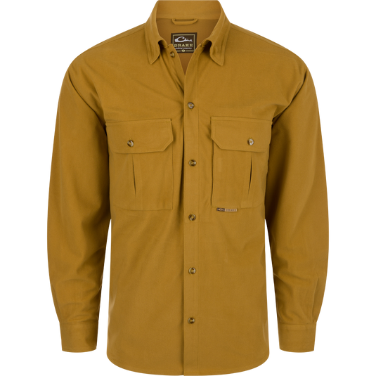 A comfortable Three Pocket Micro-Fleece Shirt for outdoor enthusiasts. Features a button-down collar, two chest pockets, and a hidden Magnattach™ pocket. Made of 240-gram brushed micro-fleece fabric. Perfect for fall and winter. Final sale item.