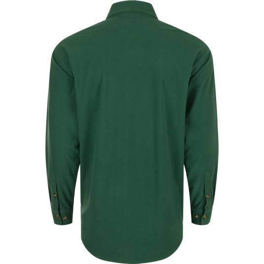 The back of a green Three Pocket Micro-Fleece Shirt for active outdoorsmen. Soft, warm, and breathable 240-gram brushed micro-fleece fabric. Features two chest pockets with button flap closure and a hidden vertical pocket with Magnattach™ closure. Perfect for fall and winter.