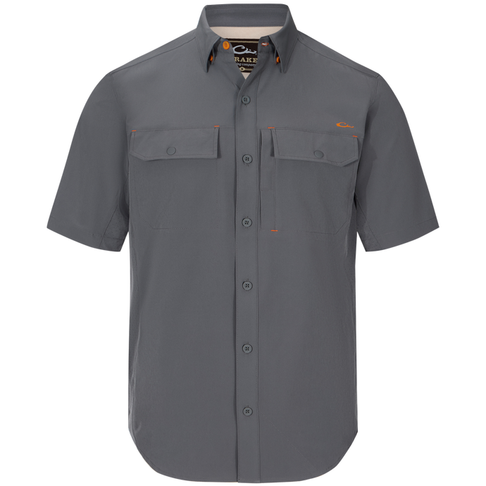 Lake Shore Performance Short Sleeve Shirt featuring a hidden button-down collar, two flap chest pockets, and a vented cape back, designed for versatile outdoor activities.