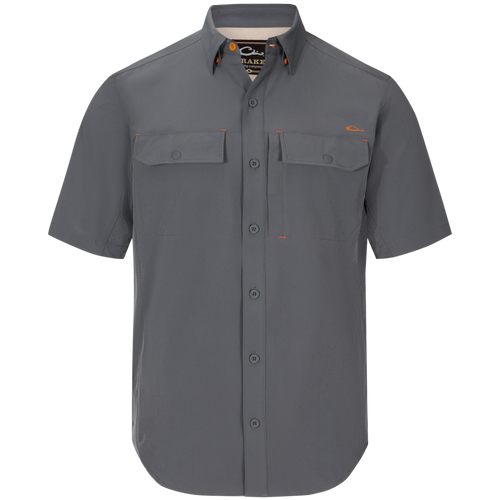 Lake Shore Performance Short Sleeve Shirt featuring a hidden button-down collar, two flap chest pockets, and a vented cape back, designed for versatile outdoor activities.