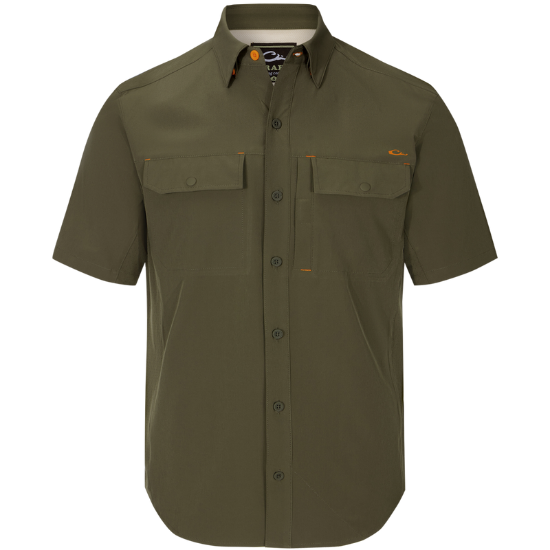 Lake Shore Performance Short Sleeve Shirt with button-down collar, two flap chest pockets, vented cape back, and hidden features designed for outdoor activities.