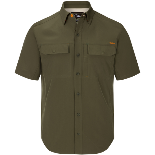 Lake Shore Performance Short Sleeve Shirt with button-down collar, two flap chest pockets, vented cape back, and hidden features designed for outdoor activities.
