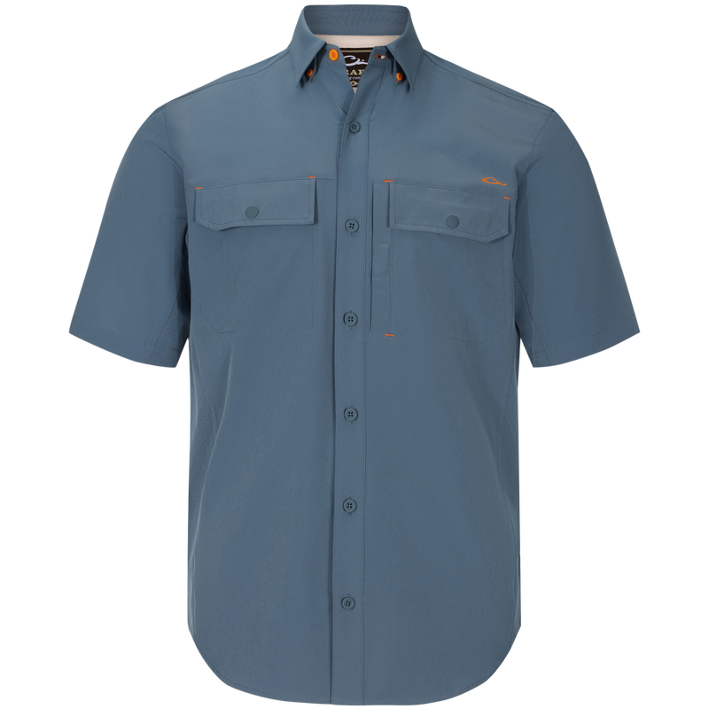 Lake Shore Performance Short Sleeve Shirt features button-through chest pockets, hidden button-down collar, and vented cape back, ideal for outdoor activities.
