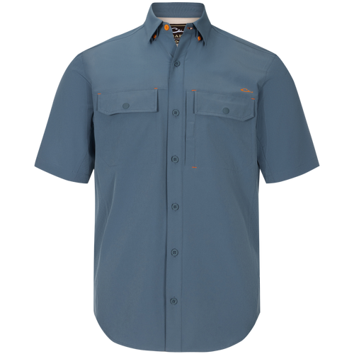 Lake Shore Performance Short Sleeve Shirt features button-through chest pockets, hidden button-down collar, and vented cape back, ideal for outdoor activities.