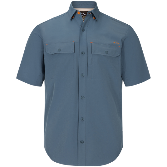 Lake Shore Performance Short Sleeve Shirt features button-through chest pockets, hidden button-down collar, and vented cape back, ideal for outdoor activities.