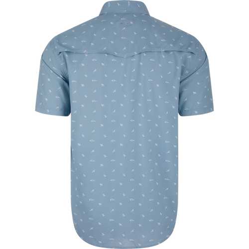 Back view of the Cinco Ranch Western Short Sleeve Shirt, featuring a light-blue fishing-themed print, Western yoke, vented back cape, and faux pearl snaps.