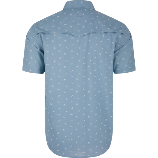 Back view of the Cinco Ranch Western Short Sleeve Shirt, featuring a light-blue fishing-themed print, Western yoke, vented back cape, and faux pearl snaps.