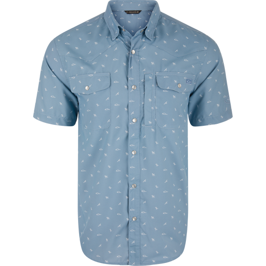 Cinco Ranch Western Short Sleeve Shirt with snap buttons, chest pockets, and subtle pattern, embodying casual Western style with functional design elements.