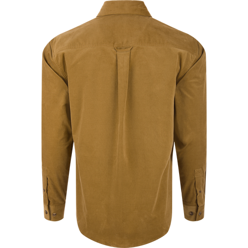 Mid-Wale Corduroy Shirt, back view, showing a soft-textured fabric, straight back yoke with pleat, locker loop, and rounded hem, ideal for versatile wear.