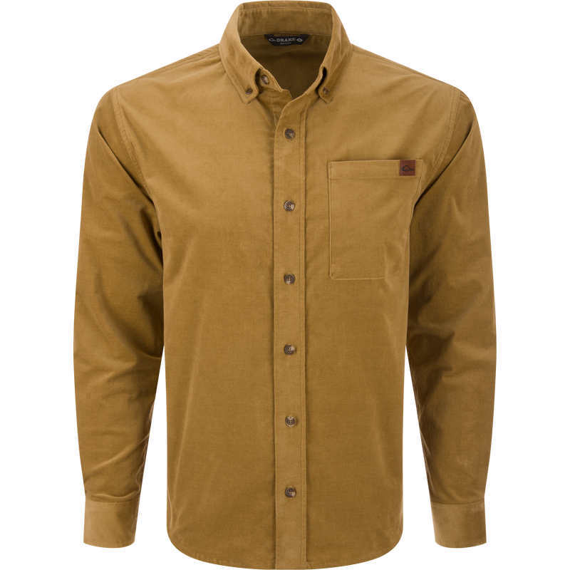 Mid-Wale Corduroy Shirt: Men's long-sleeve, button-down shirt in camel corduroy, featuring a button-down collar, patch chest pocket, and sculpted hem for versatile wear.