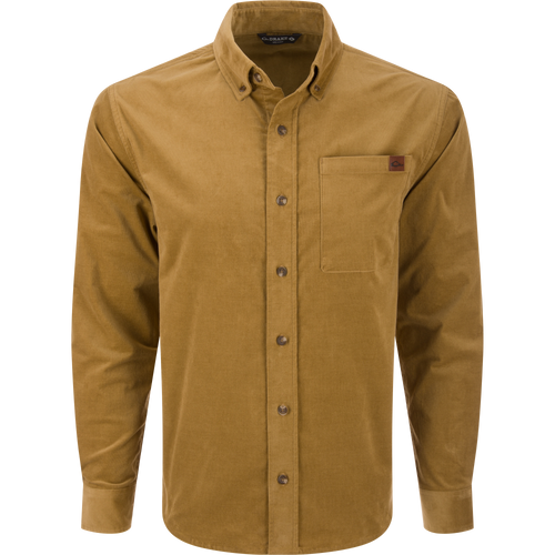 Mid-Wale Corduroy Shirt: Men's long-sleeve, button-down shirt in camel corduroy, featuring a button-down collar, patch chest pocket, and sculpted hem for versatile wear.