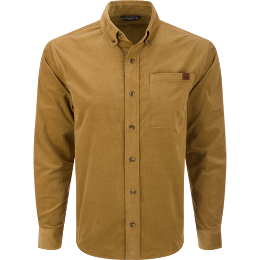 Mid-Wale Corduroy Shirt: Men's long-sleeve, button-down shirt in camel corduroy, featuring a button-down collar, patch chest pocket, and sculpted hem for versatile wear.