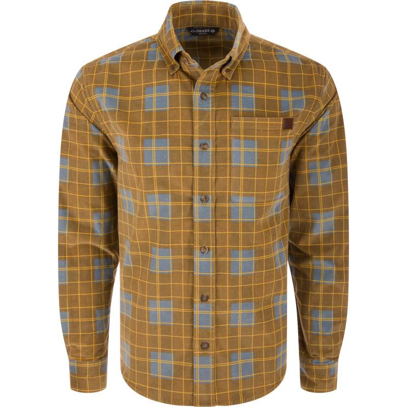 Mid-Wale Corduroy Shirt with a plaid pattern, button-down collar, chest pocket, and sculpted hem. Offers comfort with stretch, suitable for casual or active wear.