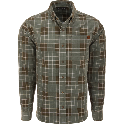 Mid-Wale Corduroy Shirt on mannequin, featuring a green and brown plaid pattern, button-down collar, chest pocket, and sculpted hem for versatile styling.