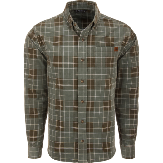 Mid-Wale Corduroy Shirt on mannequin, featuring a green and brown plaid pattern, button-down collar, chest pocket, and sculpted hem for versatile styling.