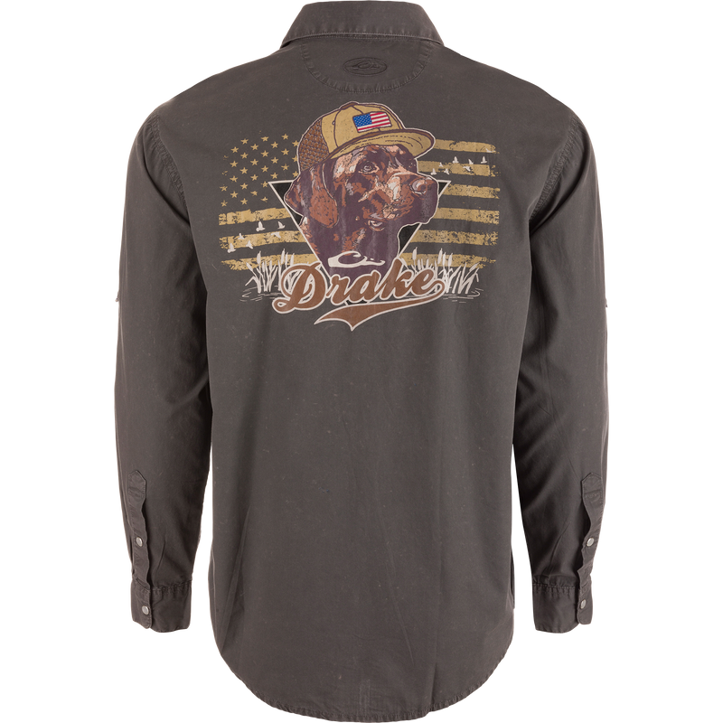 Back view of Cinco Ranch Cotton Acid Wash Graphic Shirt featuring a chocolate Labrador with cap, American flag pattern, and Drake on back.