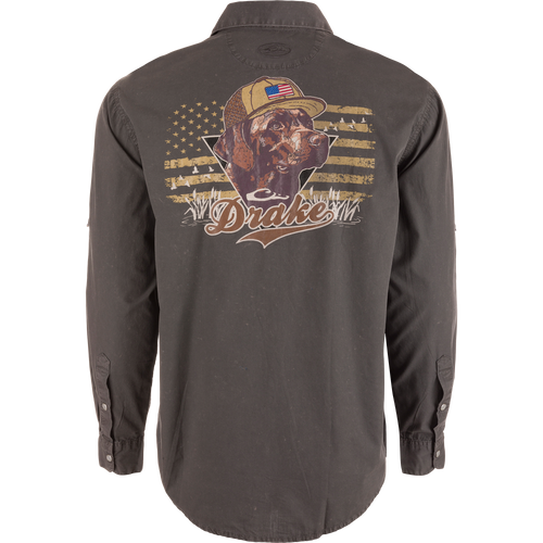 Back view of Cinco Ranch Cotton Acid Wash Graphic Shirt featuring a chocolate Labrador with cap, American flag pattern, and Drake on back.
