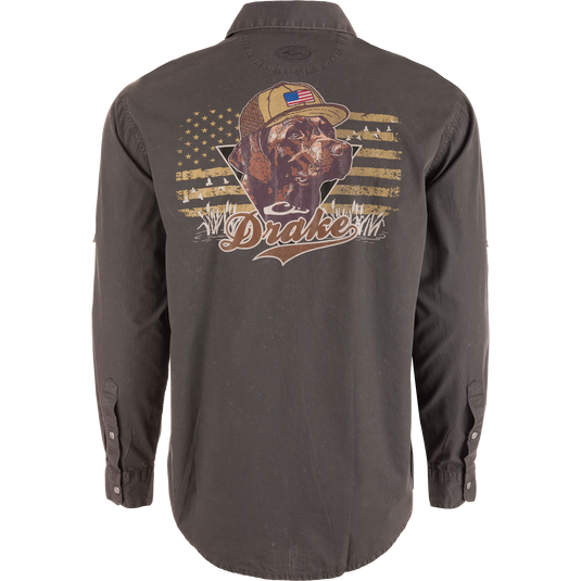 Back view of Cinco Ranch Cotton Acid Wash Graphic Shirt featuring a chocolate Labrador with cap, American flag pattern, and Drake on back.