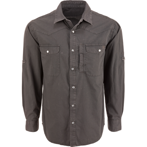 Cinco Ranch Cotton Acid Wash Graphic Shirt on mannequin; features snap buttons, flap chest pockets, and adjustable sleeves; embodies vintage-inspired design with exclusive Drake back graphic.