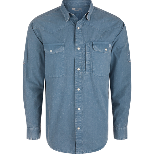 Cinco Ranch Cotton Acid Wash Graphic Shirt features Western yoke, faux pearl snaps, and chest flap pockets, showcasing Drake's blend of style and functionality.