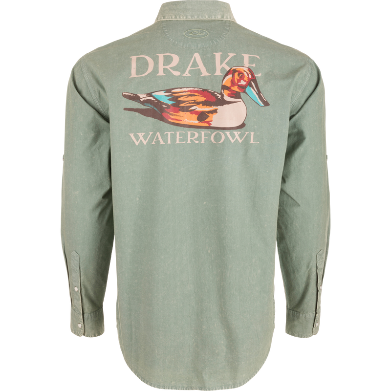 Cinco Ranch Cotton Acid Wash Graphic Shirt on mannequin, featuring multicolored duck graphic and Purewhitelaneshop text across shoulders, highlighting vintage style and western features.