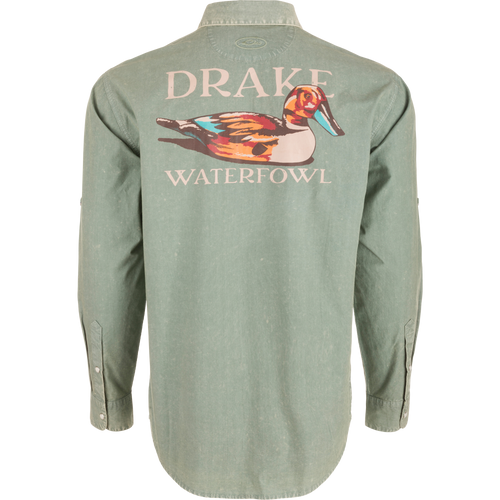 Cinco Ranch Cotton Acid Wash Graphic Shirt on mannequin, featuring multicolored duck graphic and Purewhitelaneshop text across shoulders, highlighting vintage style and western features.
