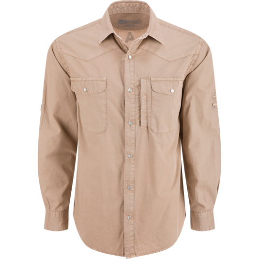 Cinco Ranch Cotton Acid Wash Graphic Shirt with snap closure, chest pockets, and adjustable sleeves, featuring a unique Drake back graphic and built-in sunglass wipe.