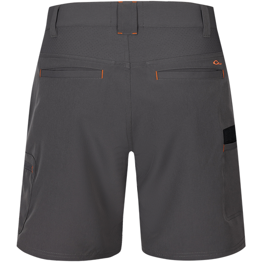 Lake Shore Performance Short featuring orange pockets, zippered cargo pocket, and breathable design, ideal for outdoor activities with water-repellent finish and mechanical stretch.