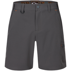 Lake Shore Performance Short featuring technical design with breathable laser-punched details, zippered cargo pocket, and plier's pocket; ideal for versatile outdoor activities.