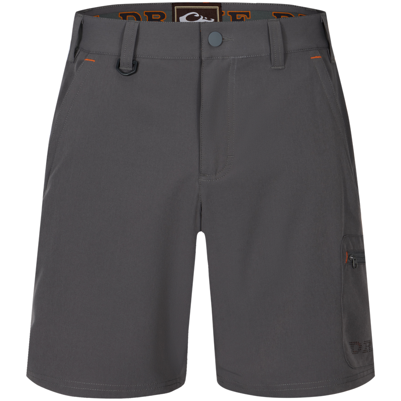 Lake Shore Performance Short featuring technical design with breathable laser-punched details, zippered cargo pocket, and plier's pocket; ideal for versatile outdoor activities.