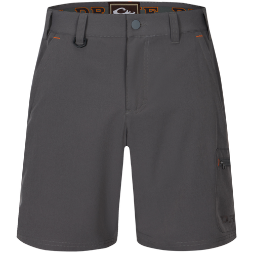 Lake Shore Performance Short featuring technical design with breathable laser-punched details, zippered cargo pocket, and plier's pocket; ideal for versatile outdoor activities.