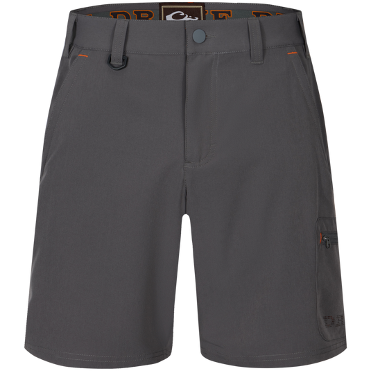 Lake Shore Performance Short featuring technical design with breathable laser-punched details, zippered cargo pocket, and plier's pocket; ideal for versatile outdoor activities.