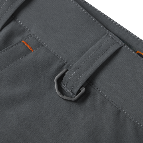 Close-up of Lake Shore Performance Short featuring zippered left cargo pocket and reinforced right plier’s pocket, designed for versatile outdoor activities with technical features.