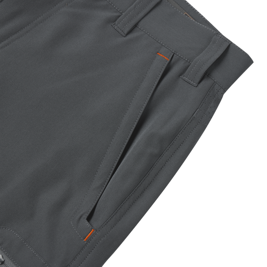 Close-up of Lake Shore Performance Short highlighting pocket details and stitching, featuring water-repellant fabric and multiple functional pockets for outdoor activities.