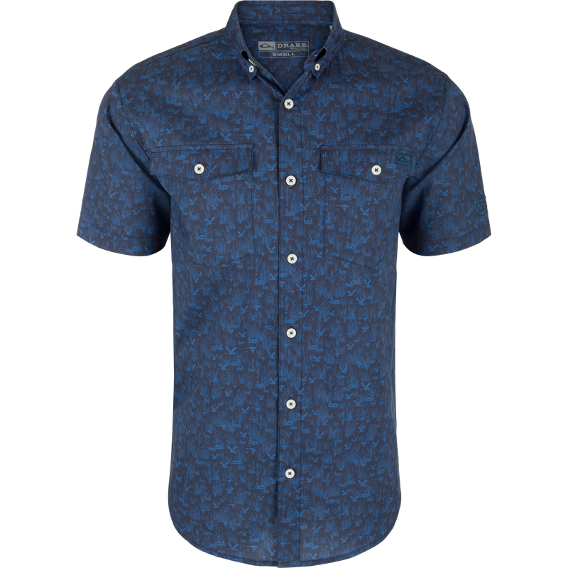 Cotton Marsh Print Short Sleeve Shirt featuring a button-down collar, button-through flap front pockets, and sculpted hem. Ideal for versatile, comfortable wear.