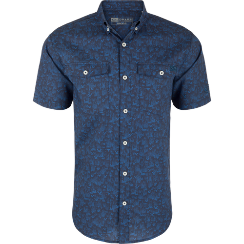 Cotton Marsh Print Short Sleeve Shirt featuring a button-down collar, button-through flap front pockets, and sculpted hem. Ideal for versatile, comfortable wear.