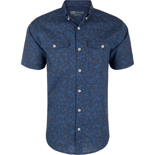 Cotton Marsh Print Short Sleeve Shirt featuring a button-down collar, button-through flap front pockets, and sculpted hem. Ideal for versatile, comfortable wear.