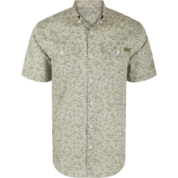 Men's Cotton Marsh Print Short Sleeve Shirt with marsh-grass print, two button-flap chest pockets, and a traditional button-down collar, ideal for outdoor activities.
