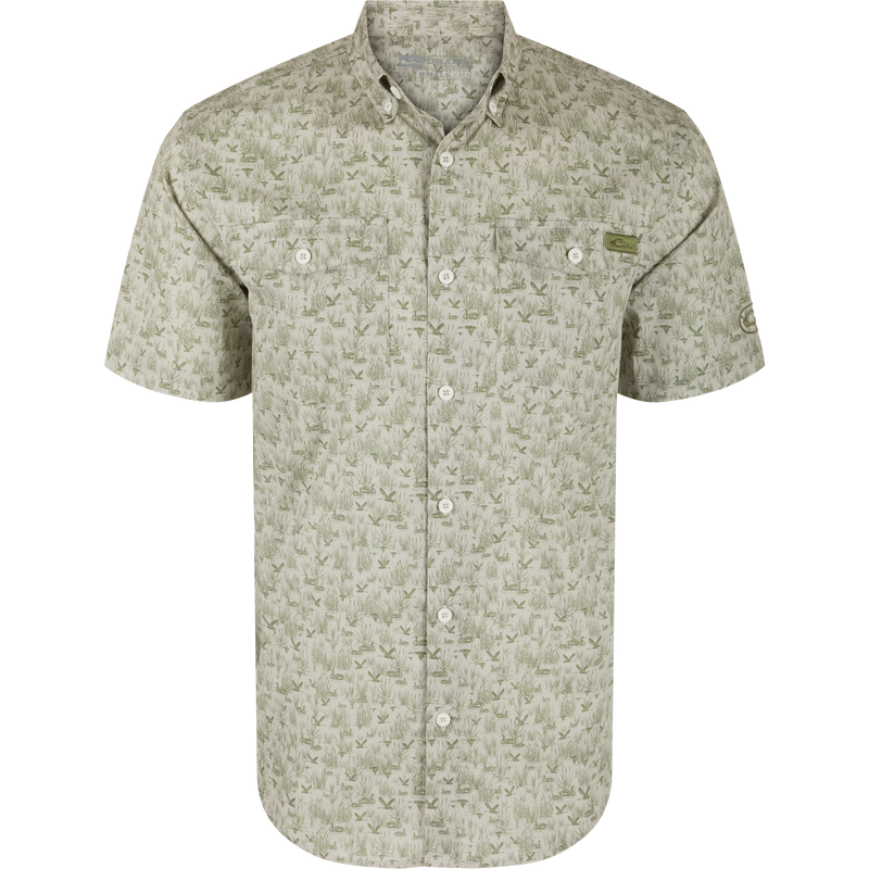 Men's Cotton Marsh Print Short Sleeve Shirt with marsh-grass print, two button-flap chest pockets, and a traditional button-down collar, ideal for outdoor activities.